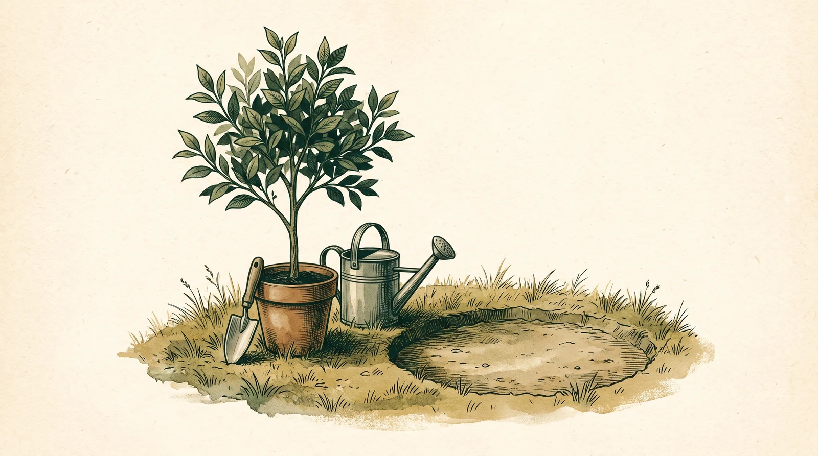 Editorial illustration of a potted sapling, spade and watering can beside an open planting area