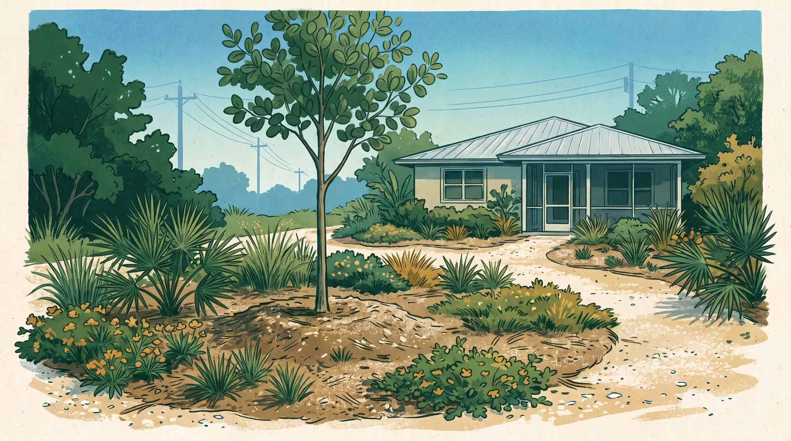 Editorial illustration of a compact yard with open planting space, a young tree and distant utility lines