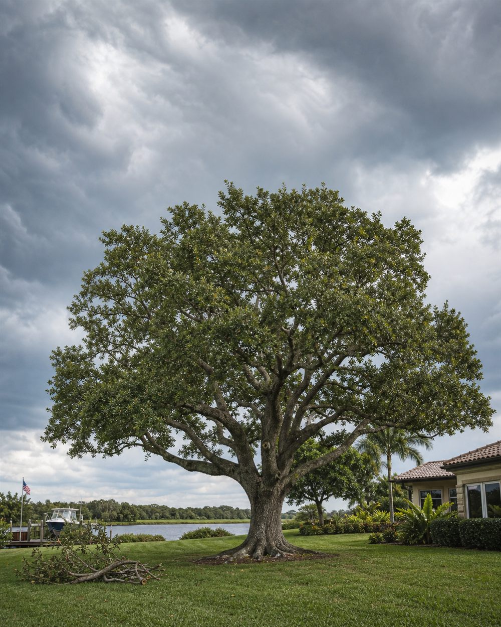 A wind-shaped Florida tree illustrated against storm-season clouds