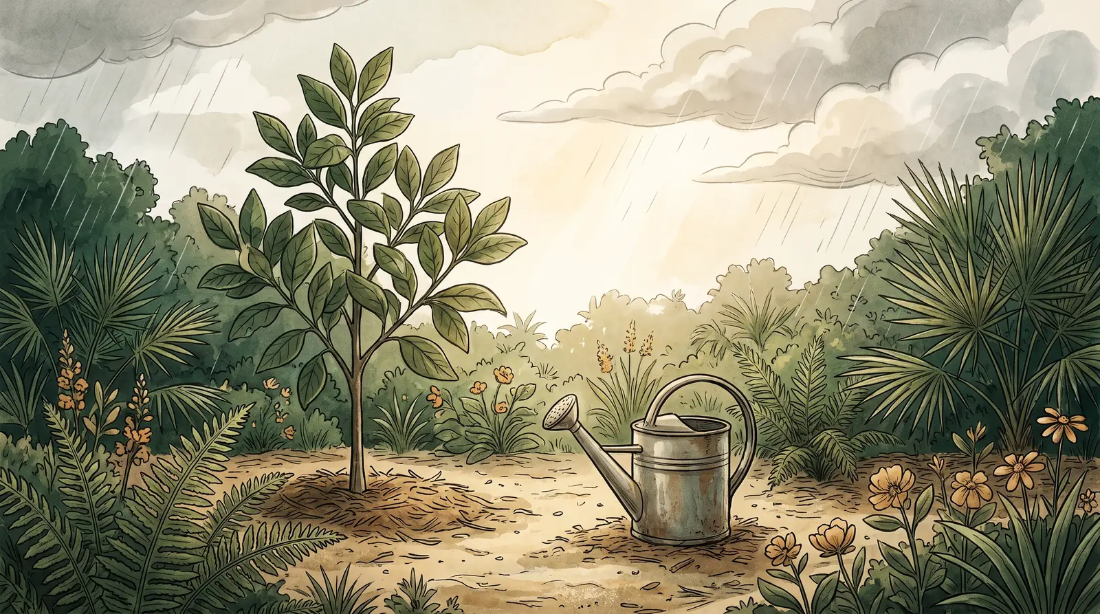 Editorial illustration of a young garden tree as rain clouds give way to sunlight